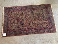 Full view of rug laid flat on carpeted floor showing overall pattern and border.
