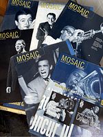 Five Mosaic Records jazz magazine covers showing black and white portraits of jazz musicians holding instruments and singing.