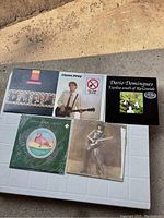 Top view of five vinyl record covers showing various artists and album artwork including Glenn Frey, Dario Domingues, Christopher Cross, and Travel label album.