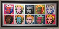 Full view of the framed Andy Warhol Marilyn Monroe lithograph print showing 10 colorful portrait panels arranged in 2 rows.