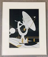 Framed lithograph showing satellite dishes on a black background, matted and in a thin silver frame.