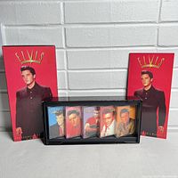 Front view of the Elvis cassette tapes box set showing 5 tapes in case with booklet and box on each side