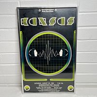 Frontal image of the Kansas 1981 tour poster framed print showing the entire poster and frame against a white brick wall.