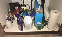 Cleaning supplies and paper towel roll under sink including bleach, Spot Shot, Raid Max aerosol, various spray bottles, waste bags and paper towels.