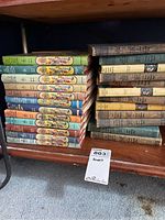 Stack of vintage hardcover Nancy Drew and Happy Hollisters books on a wooden shelf.