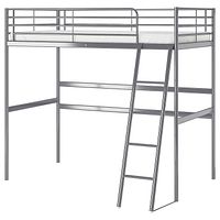 Ikea child's loft bed metal frame with side rails and ladder shown in silver metal finish.