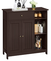 Photo showing the cabinet fully assembled and stocked with various bathroom items on top and in shelves, illustrating design and finish in espresso color.