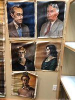 Five original oil portrait paintings on canvas by Grant MacDonald pinned for display, showing signs of wear including creases and wrinkles.