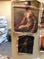 Full view of the two oil paintings on canvas, top painting is male nude, bottom painting is woman holding vase