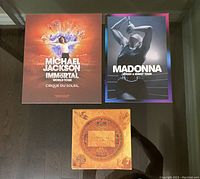 Photo showing all three items laid out on a black glass surface: Michael Jackson Immortal World Tour and Madonna Sticky & Sweet Tour souvenir programs along with the Sarah McLachlan lyric book.