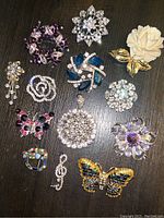 Full view of all 13 vintage rhinestone brooches arranged on dark surface, showing variety of shapes, colors, and designs including butterflies, flowers, music notes, and geometric forms.