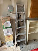 Full view of the five-step aluminum ladder standing against the wall near a cabinet and boxes in a garage.