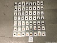 Collection of 56 graded United States coins by INB arranged in rows on a flat surface. Coins are in plastic slabs with white labels.