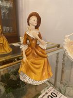 Front view of Royal Doulton HN2275 Sandra figurine showing woman seated in yellow dress with polka dot sleeves and neckline, orange-brown wide-brimmed hat with chip on brim.
