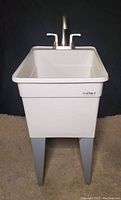 Front view of Lil Tub utility sink with attached nickel faucet and metal legs on beige carpet background
