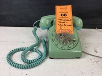 Front view showing rotary dial, handset, coiled cord, and color details from powder blue to pale green.