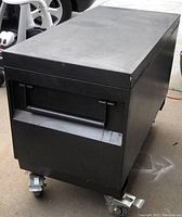 Closed toolbox on casters, front view