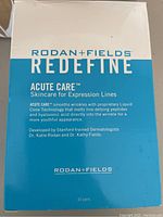 Box of Rodan + Fields REDEFINE Acute Care 10 packets, box front showing product details for smoothing wrinkles.