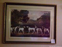 Full view of the large framed painting showing six French hunting dogs in a landscape setting.
