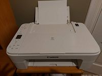 Front and top view of a white Canon PIXMA TS3100 series multifunction printer/scanner with paper loaded in input tray.