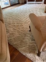 Full view of a tan and white shaggy rug under furniture in a living room, showing texture and size.