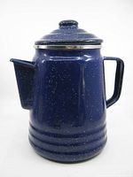 Front view of blue enamel coffee percolator with lid and handle