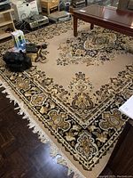 Overhead partial view showing beige rug with ornate border pattern and fringe at one end