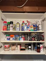 A cabinet with organized shelves holding aerosol cans, small jars and tins of household chemicals including varnish, polishes and sprays.