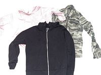 Three women's hoodies/coats laid flat showing front and partial side views revealing colors and materials.