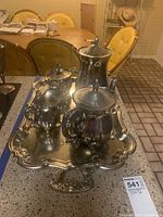Full view of silverplated tea service set on tray with all components visible