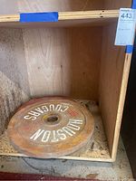 Photo shows one disc weight in a wooden shelf, marked 25lbs with University of Houston Cougars branding, visible rust and wear.