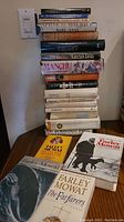 Stack of fiction books by various authors including Daphne du Maurier and Farley Mowat, books stacked on a table showing titled spines and wear.