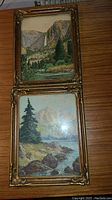 Two ornate gilt wood picture frames placed on a wooden surface, showing both framed mountain prints and some wear on the frames.