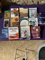 Photo showing the top-down view of 13 nursing textbooks arranged with covers visible on a purple surface.