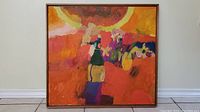 Front view of the original abstract oil painting with dominant warm colors and framed edges visible.