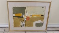 Full view of framed abstract watercolour painting showing color blocks and black line design.