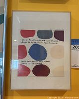 Front view of framed wall art with colored circles and poem text