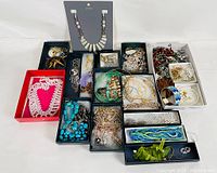 Wide view of all jewelry items arranged in multiple boxes and trays on white background.
