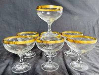 Front angled view of seven clear champagne coupe glasses with wide gold decorative rims showing minor wear.