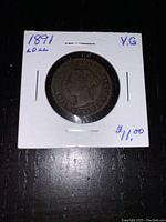 Obverse side of the 1891 Canadian Penny showing Queen Victoria's profile and the handwritten label indicating year, variety and condition.