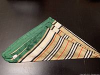 Folded scarf showing multicolor striped pattern with solid green border and label visible.