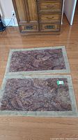 Two matching rectangular area rugs with paisley pattern and beige border, laid on hardwood floor.