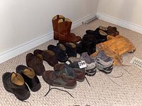 Photo of 12 pairs of men's shoes and boots arranged on carpet, showing a variety of styles and colors including black, brown, grey, and tan.