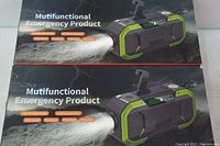 Two sealed boxes of multifunctional emergency products with picture and feature information.