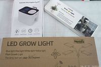 Photo showing LED grow light packaging describing light spectrum and 360-degree rotation feature