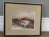 Framed oil on board painting showing the full artwork and frame within a beige fabric mat and a black outer frame with a thin gold accent.