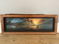 Full frontal view of the horizontal oil painting in wood stretcher frame