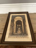 Full view of framed etching showing cathedral interior with altar, columns, and vaulted ceiling.