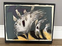 Front view of abstract mixed media painting showing primarily whites, blacks, purples, yellows, and grays with dynamic strokes and texture on canvas.