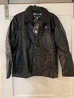 Front view of black faux leather jacket showing buttons, collar, and side pockets